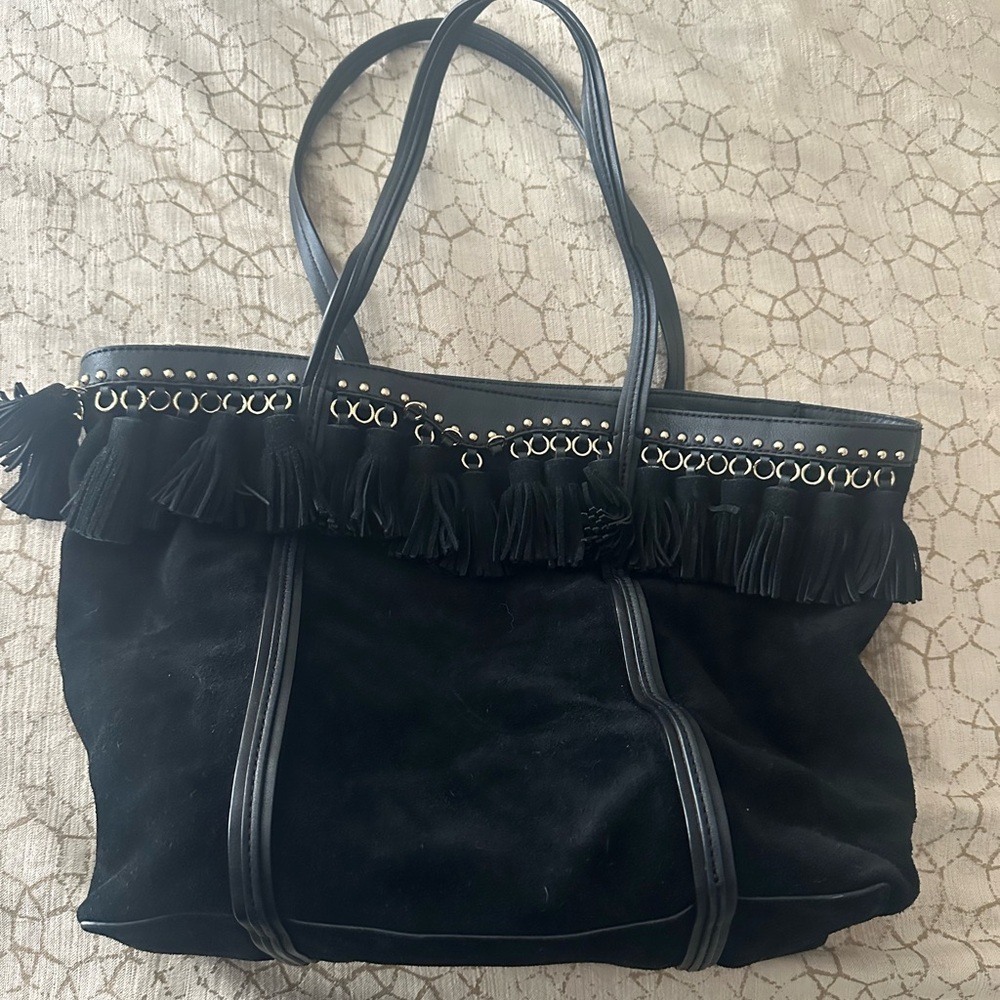 Rebecca Minkodd Black Suede Multi Tassel Tote w/ gold hardware